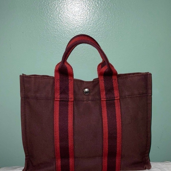 HERMÈS Hermes Canvas Bag Fourre Tout Small Stripe Burgundy Maroon Tote Bag Purse - Picture 15 of 15
